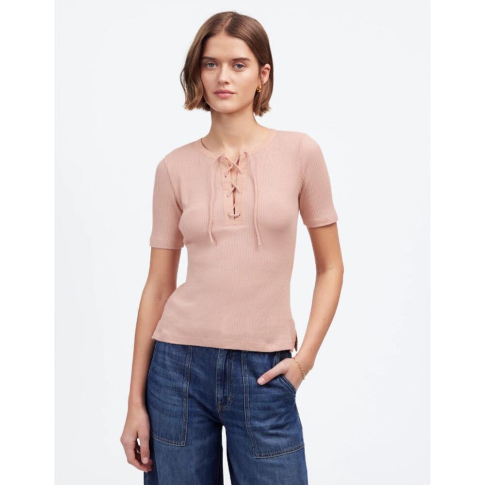 Madewell Ribbed Lace-Up Short-Sleeve Tee WMNS M Pale Blush Slim Fit Stretch Slit